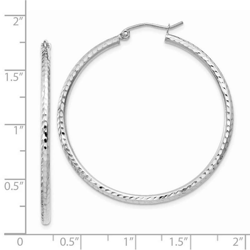Curata 14k White Gold Rhodium-plated Diamond-cut 2x40mm Round Hoop Earrings