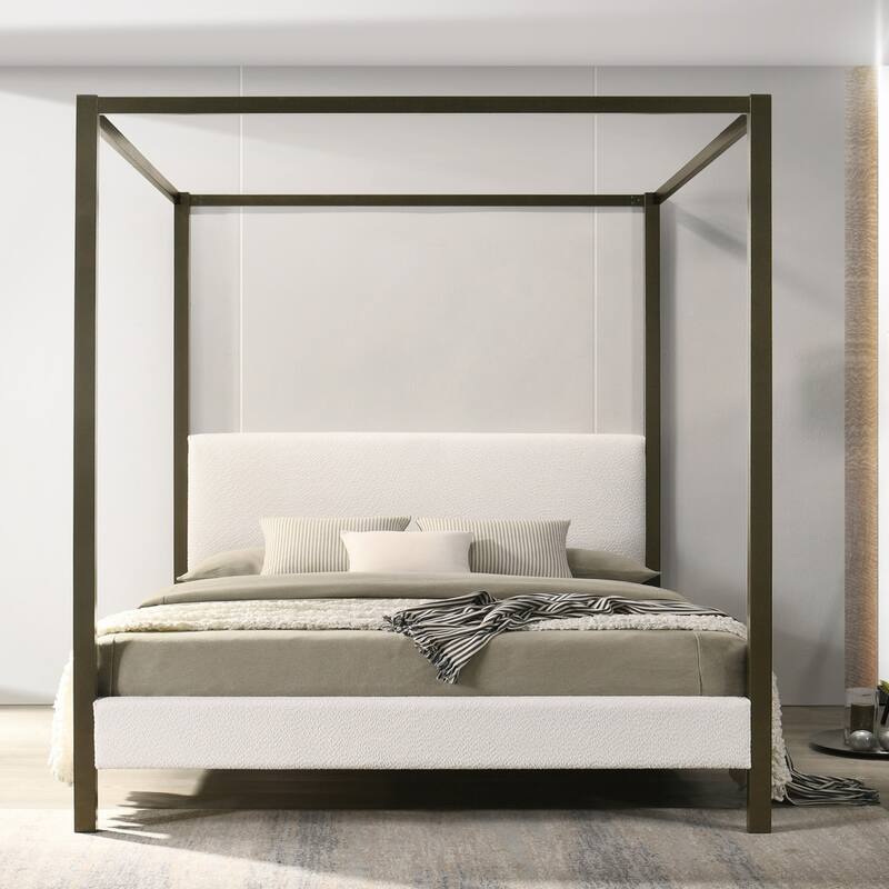 Beecher White Boucle Canopy Queen Bed with Iron Frame