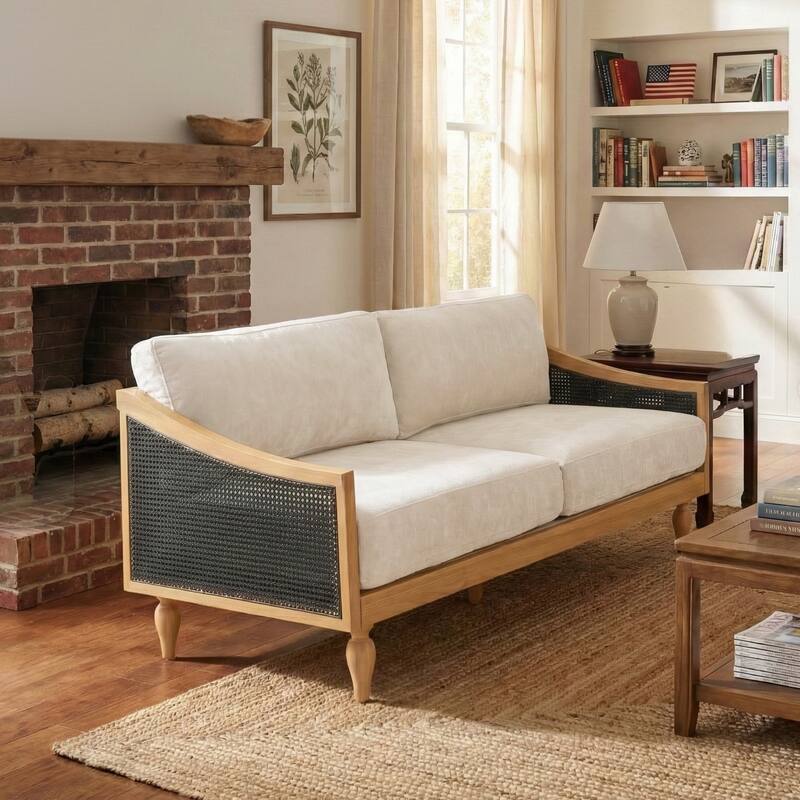 Roomfitters Mid-Century Modern Loveseat Sofa with Rattan Armrests, Solid Wood Frame