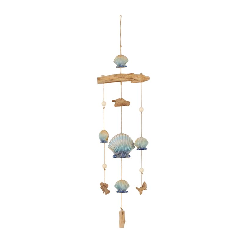 Blue Ceramic Handmade Ombre Shell Windchime with Driftwood and Bead Accents