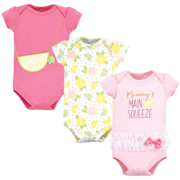 slide 1 of 1, Little Treasure Baby Girl Cotton Bodysuits 3pk, Main Squeeze 3-6 Months - Main Squeeze