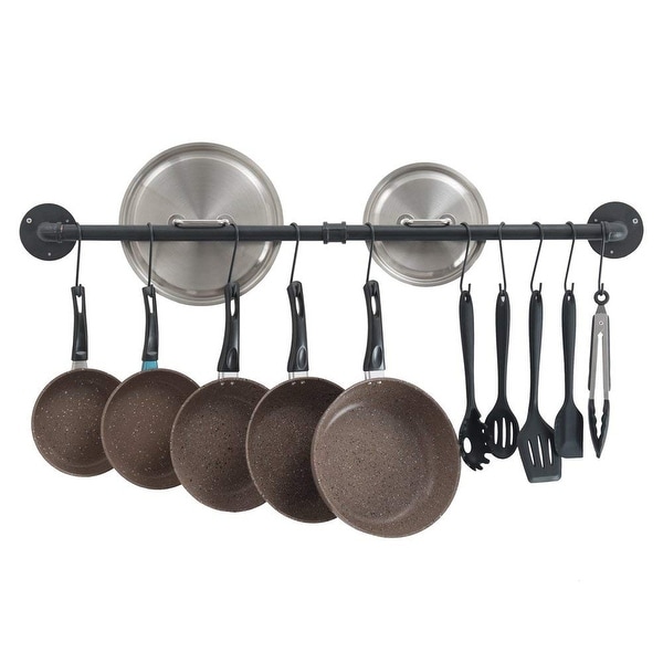 Pot Bar Rack Wall Mounted Detachable Pans Hanging Rail Kitchen Lids Utensils Hanger with 14 S Hooks Black