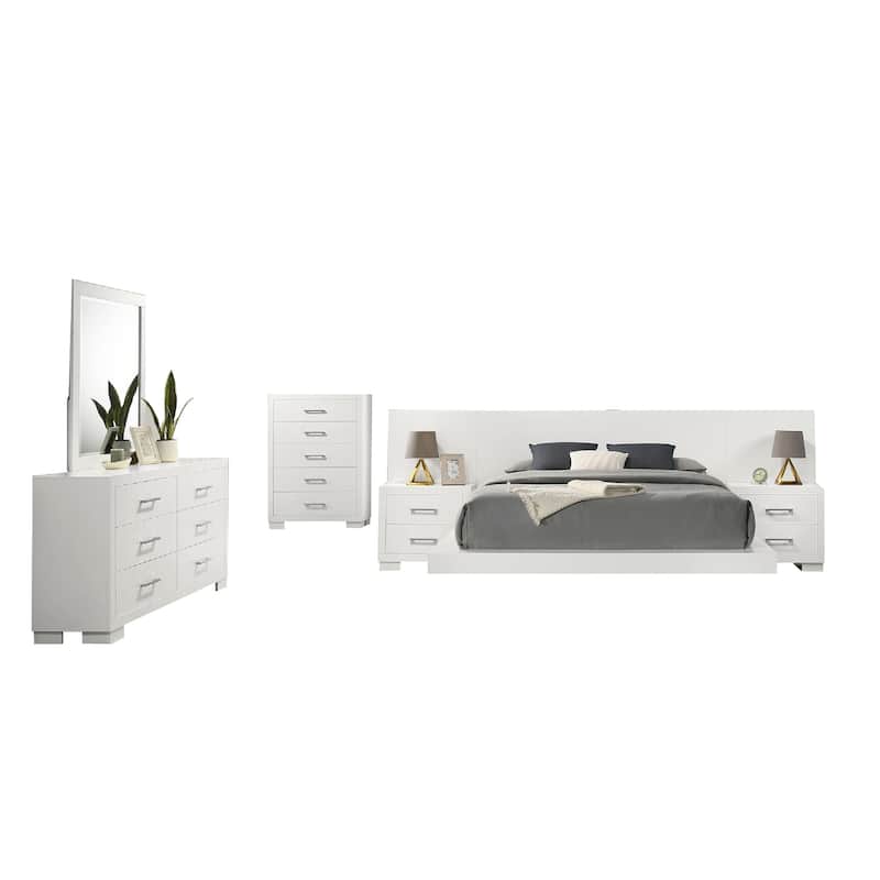 Bela 6 Piece Queen Bedroom Set, LED Lit Bedframe, Snow White Wood