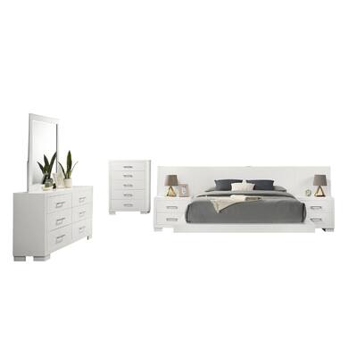 Bela 6 Piece Queen Bedroom Set, LED Lit Bedframe, Snow White Wood