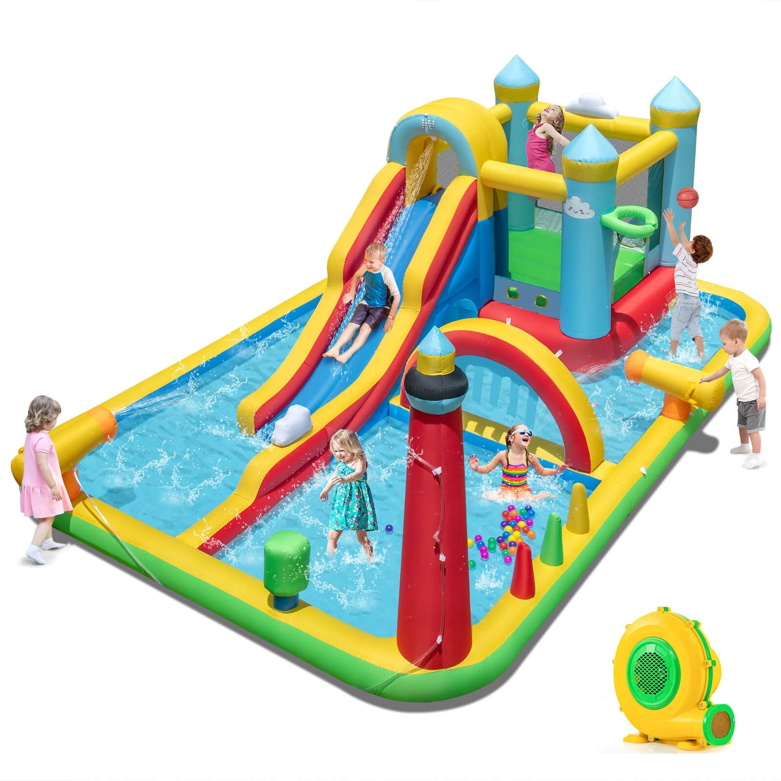 Costway Inflatable Water Park with Ocean Balls Climbing Wall Ball Pit - Multi-Color - See Details