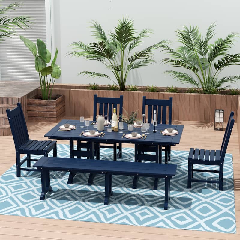 Laguna Hdpe All Weather Outdoor Patio Dining Set with Rectangle Table, Side Chairs, and Bench (6-Piece Set) - Navy Blue