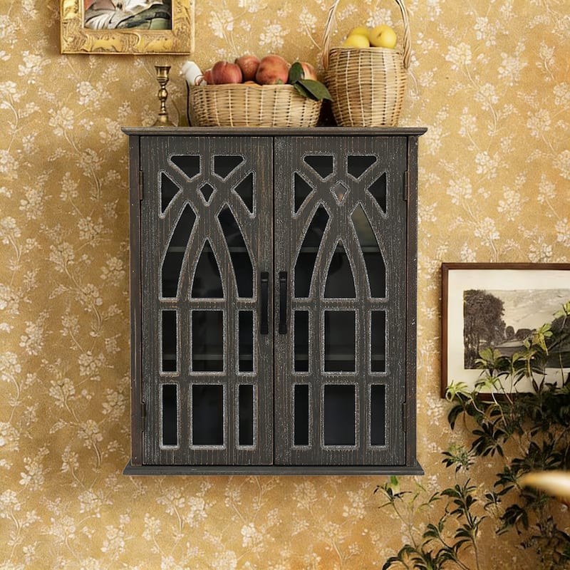 Vintage Wall-Mounted Cabinet with Decorative Cutout Doors, Rustic Wooden Hanging Storage Cabinet for Bathroom, Living Room - Antique Black
