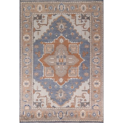 Blue Geometric Oushak Indian Area Rug Hand-Knotted Wool Carpet - 8'9"x 12'0"