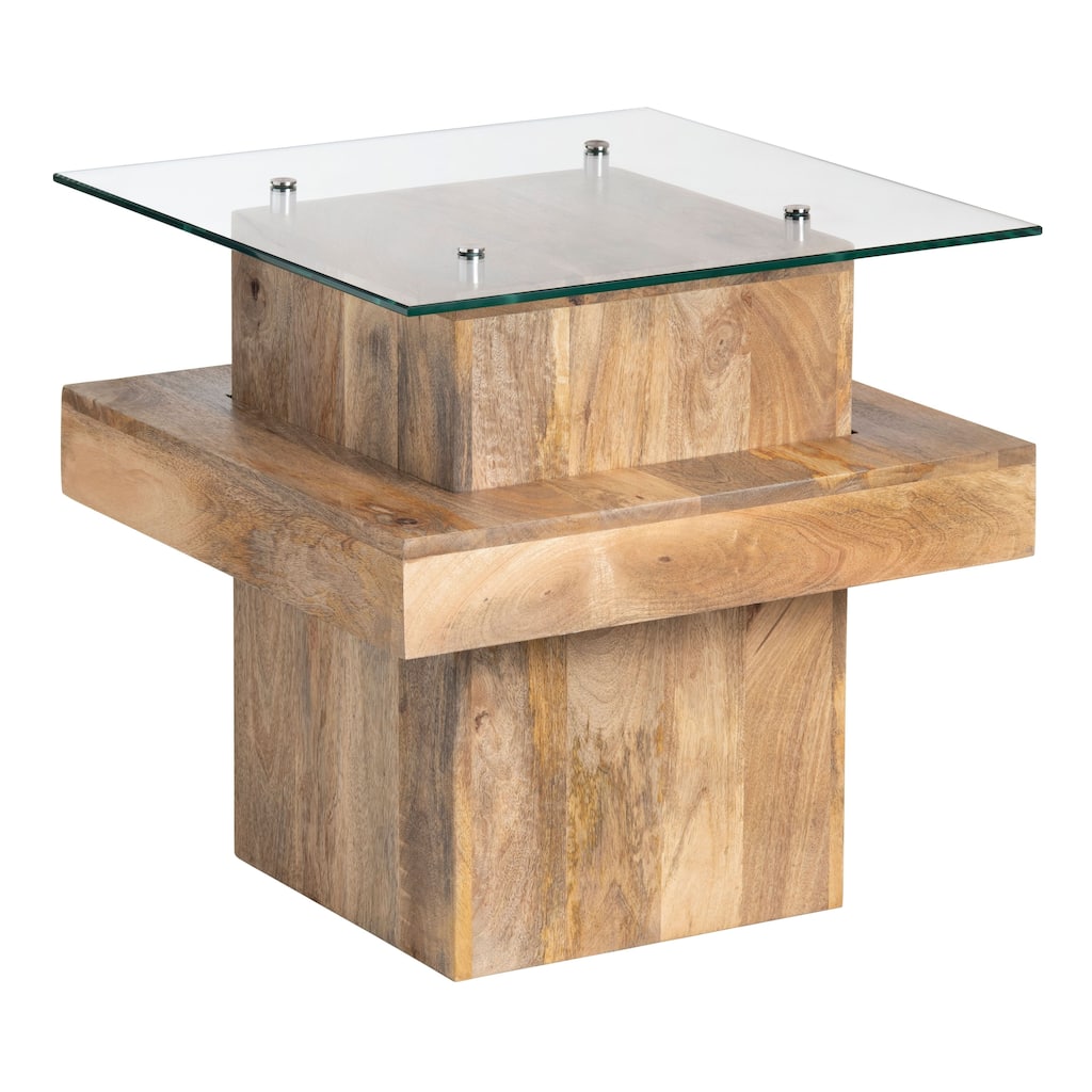 Monaco Mango Wood and Glass End Table, Brown