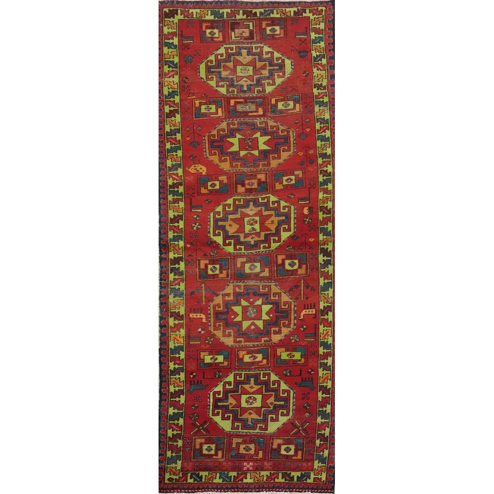 Hand Knotted Oriental 100% Wool Carpet Traditional Geometric Red Hamedan Runner Rug - 9' 9'' X 3' 1''