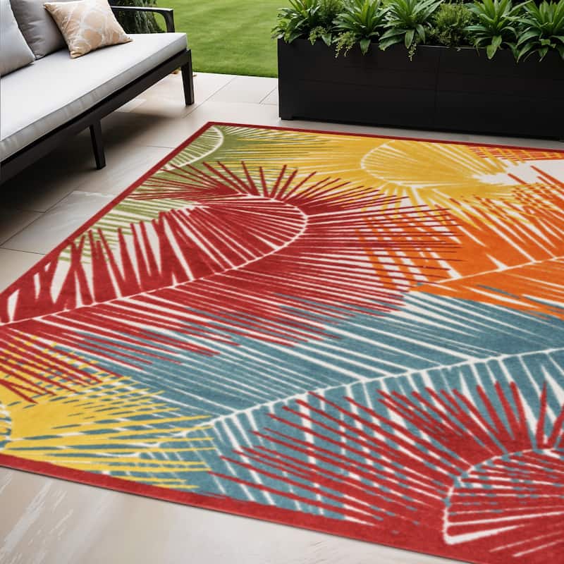 HomeRoots Palm Leaf Contemporary Rectangle Outdoor Rug - 5' X 7' - Orange/Yellow/Red - 5' X 7'