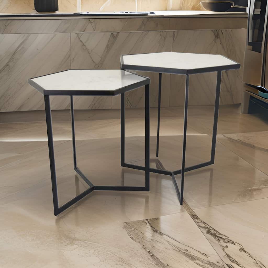 Plant Stand Table Set of 2, Black Metal Frame, Hexagonal White Tabletop