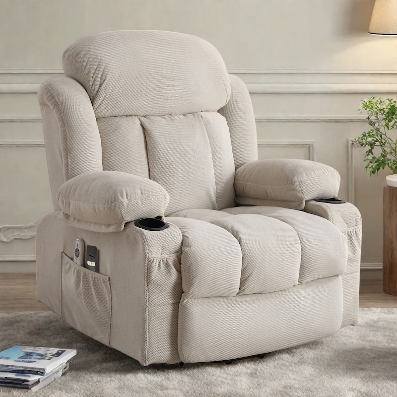 Electric Recliner Chair with Massage and Heat, USB Port, Cup Holders and Side Pockets, Adjustable Vibration Modes and Heating - Beige