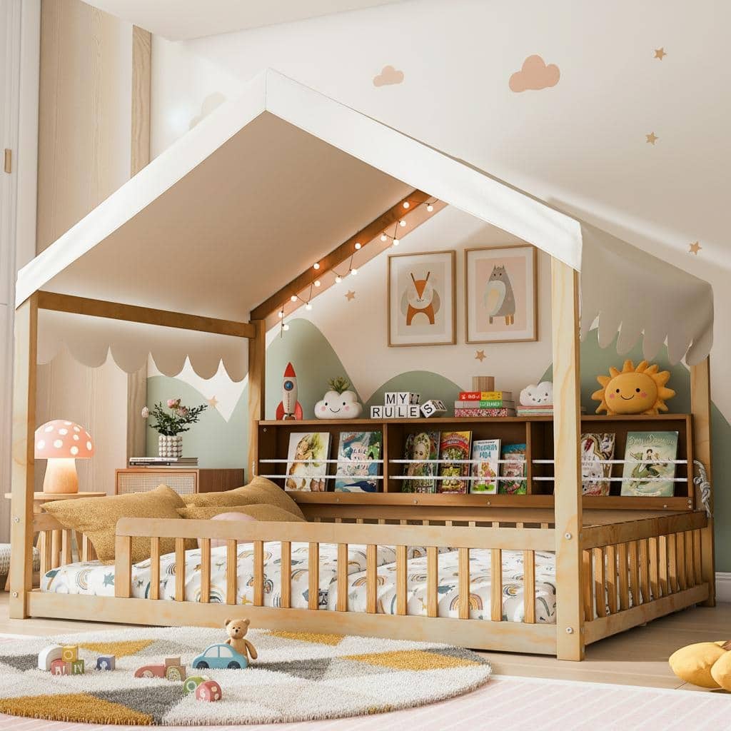 Full-Size Floor House Bed with Fence, Book Nook Shelves, Curtain & LED Lights by Harper&Bright Designs