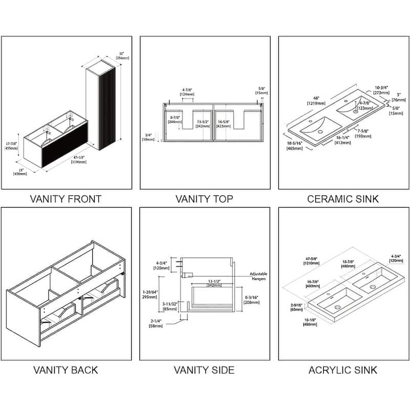 Blossom Positano 48" Floating Double Sink Vanity with Side Cabinets