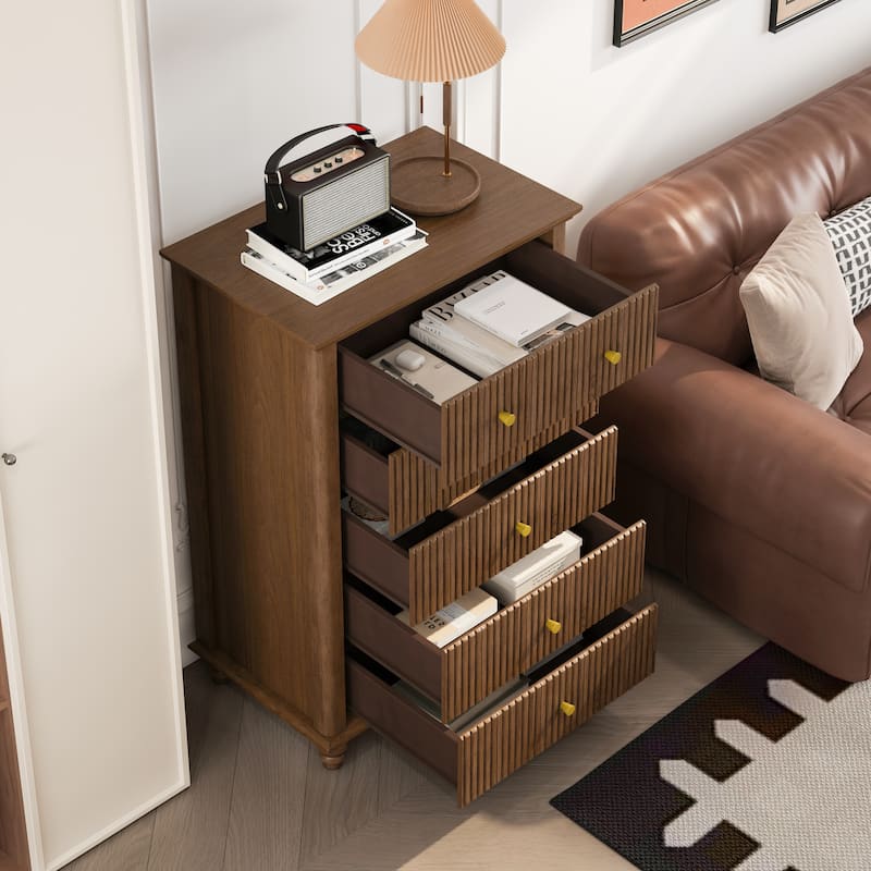 Fluted 5 Drawer Dresser, 45 Inch Tall Modern Chest of Drawers, Bedroom Dresser with Metal Handle, Wooden Drawer Organizer