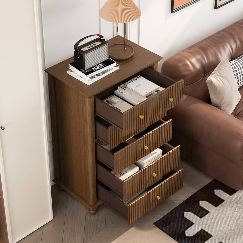 GDFStudio - Ava 45" Tall 5-Drawer Dresser with Fluted Detail and Wooden Base