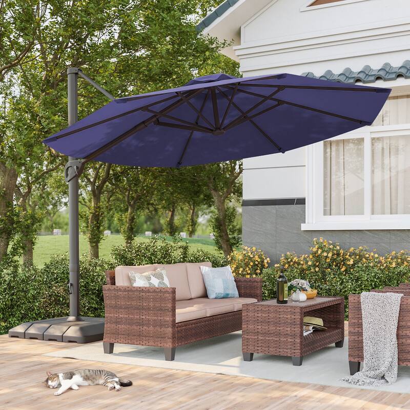 BONOSUKI 11-ft 360-degree Rotating Cantilever Patio Umbrella with Base - Navy Blue