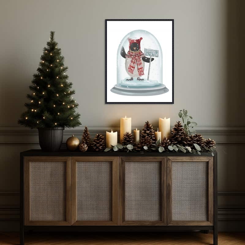 Christmas Penguin Snow Globe by Fab Funky (23 x 28 in.), Framed Canvas Wall Art Print - Sylvie Beaded Black