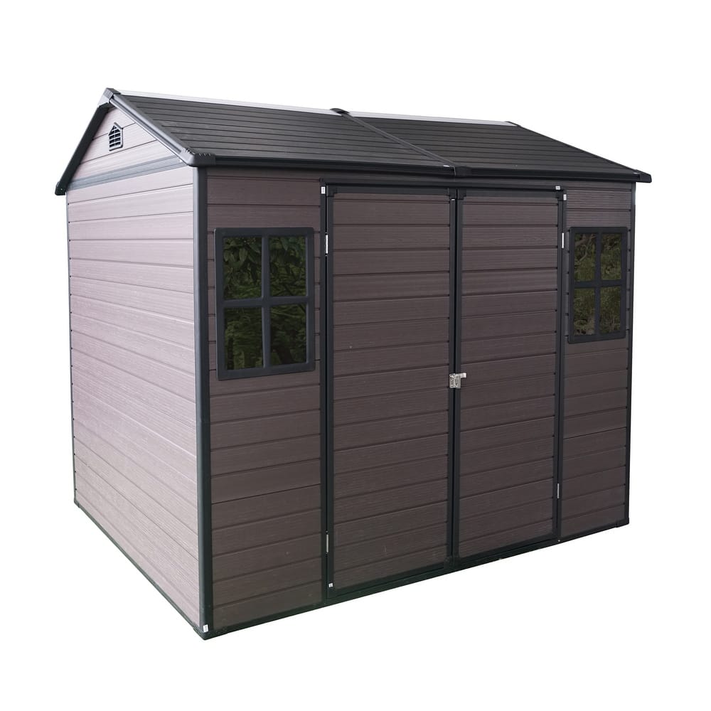 Resin Outdoor Storage Shed UV-Proof Garden Tool Shed with Sloping Roof & Lockable Double Doors, Built-in Floor