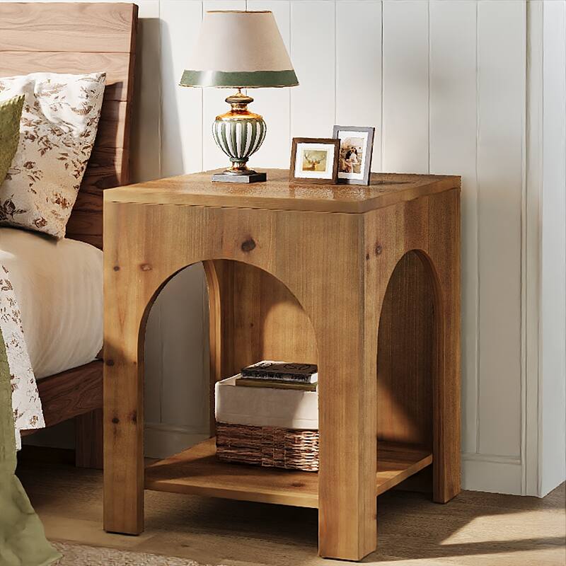 2 Tier End Table for Living Room, Square Couch Side Table for Bedroom, Farmhouse Style