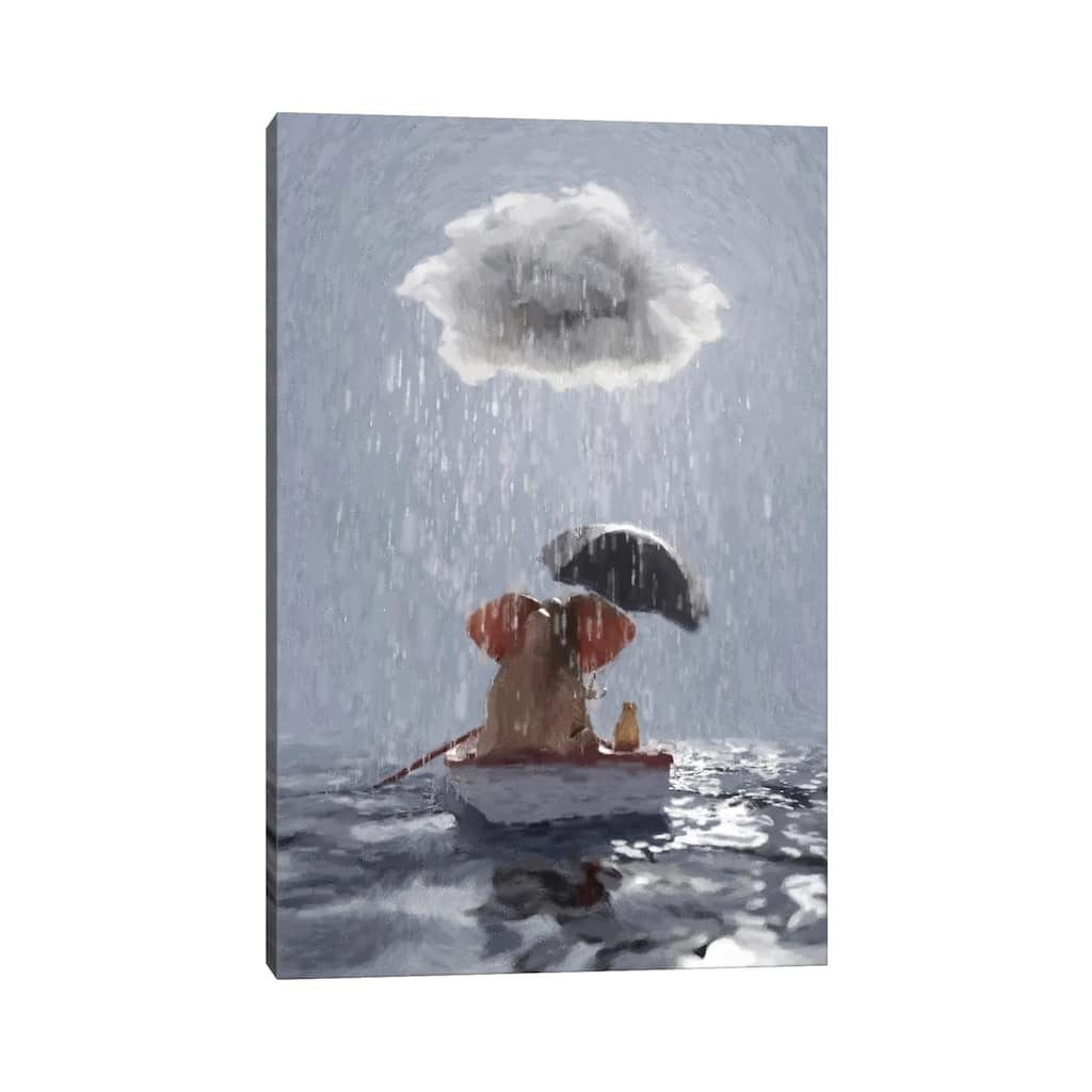 iCanvas "An Elephant And A Dog Float In A Boat In The Rain III" by Mike Kiev Canvas Print