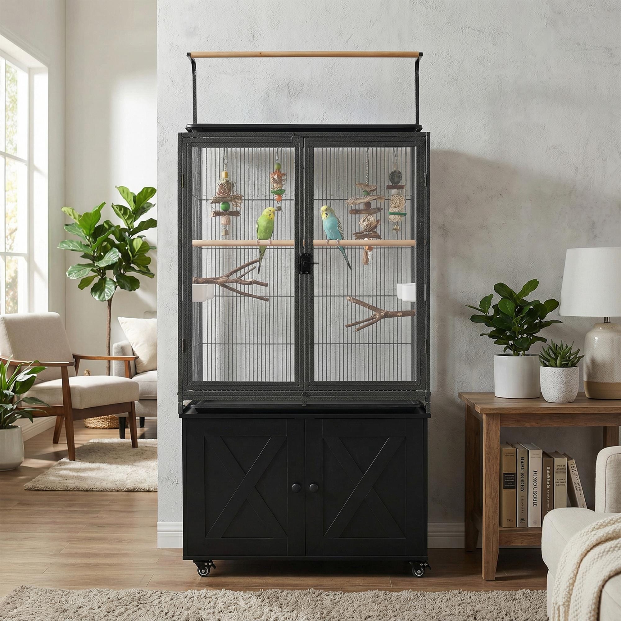 65" Large Rolling Bird Cage with Clear Front Doors and Storage Cabinet for Parakeets Parrots