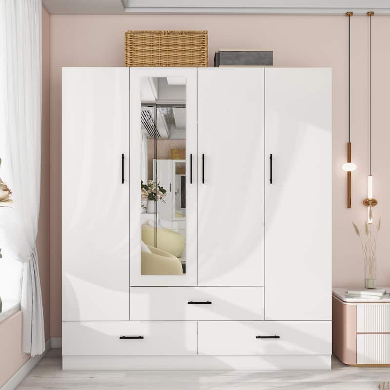 Wood Wardrobe Armoire Storage Cabinet: 4 Door 3 Drawers Closet Wardrobe with Shelves - White