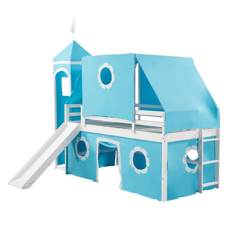 Cute Solid Wood House Loft Bed with Slide, Tent, and Tower for Bedroom