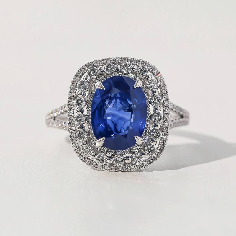 Kobelli 3.90 Carats Natural Blue Sapphire & White Diamond Solid 14k White Gold Triple Halo Split Shank Celes Ring