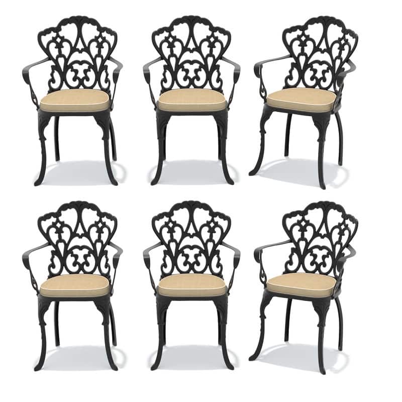 Black Cast Aluminum Patio Outdoor Dining Chairs with Seat Cushions