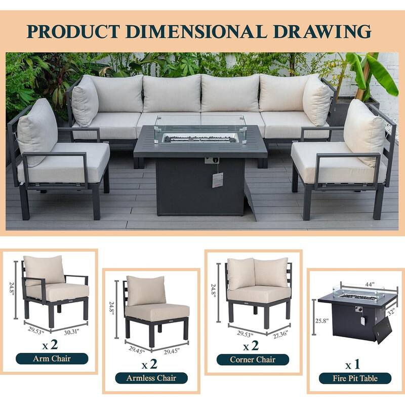 Chelsea 7-Piece Outdoor Patio Sectional Set with Firepit Table in Black Aluminum for Backyard Garden and Patio Deck