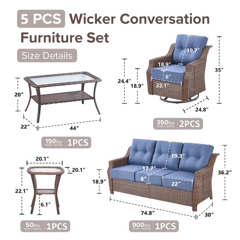 Gymojoy Wicker Patio Furniture Sofa Set, 6-Inch Ultra Thick Cushioned 360°Swivel Glider Chairs & Sofa Set