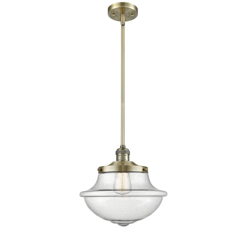 Innovations Lighting Franklin Restoration Oxford - 1 Light 12" Stem Hung Mini Pendant - Antique Brass/Seedy