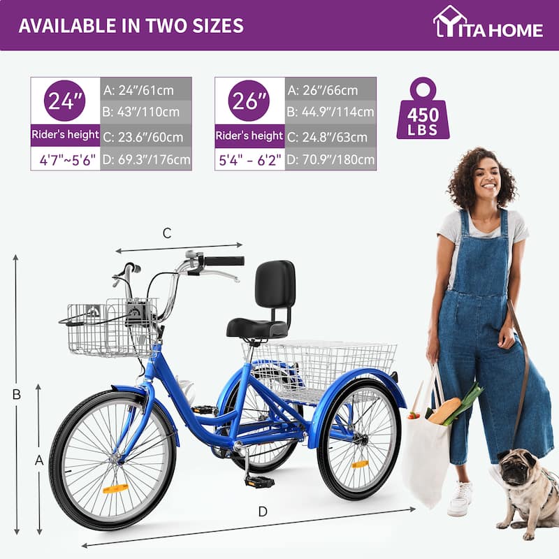 24" /26"Blue Adult Tricycle 3 Wheel Bikes 1 Speed Trike Bike