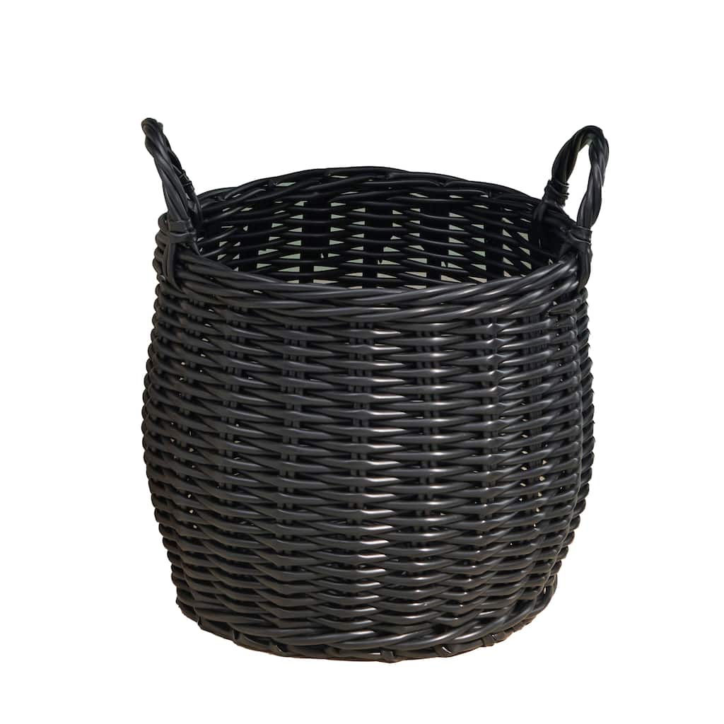 Round Resin Woven Wicker Basket with Handles - 13" x 13" x 10.2" - Black - For Clothes, Towels, Toys, Magazines Storage