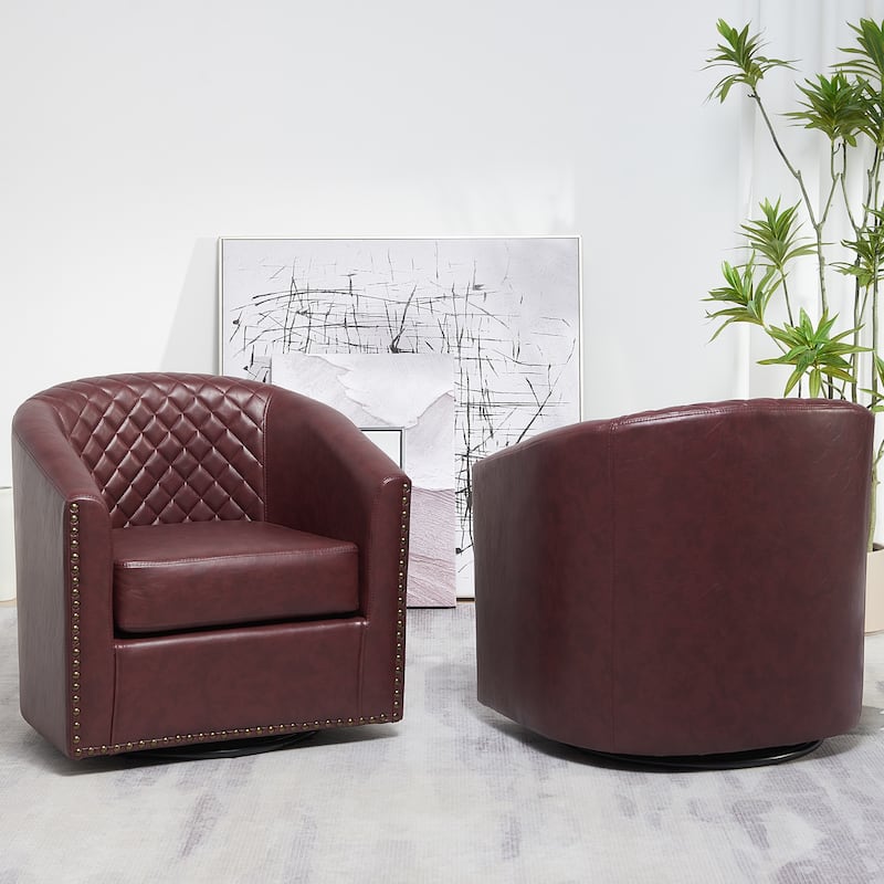 KINWELL 29" Wide Tufted PU Leather Swivel Barrel Chair (Set of 2)