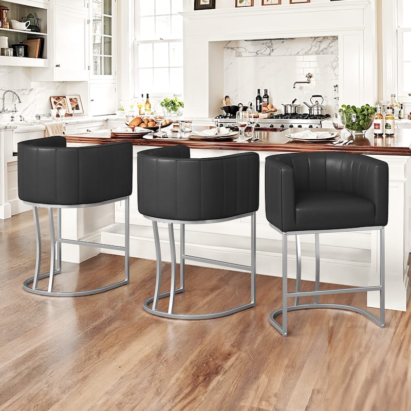 LUE BONA Modern 26.in Low Back Barstool Counter Height Stool Upholstered/PU Leather Barrel Bar Stools with Metal Frame - Black&Silvery/Faux Leather