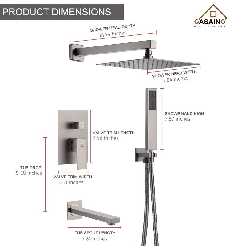 3 Function 10" Wall Mounted Dual Shower Heads Shower System With Tub Spout