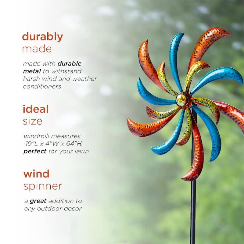 Alpine Corporation 63" Tall Outdoor Curved Blade Windmill Stake Kinetic Spinner, Multicolor
