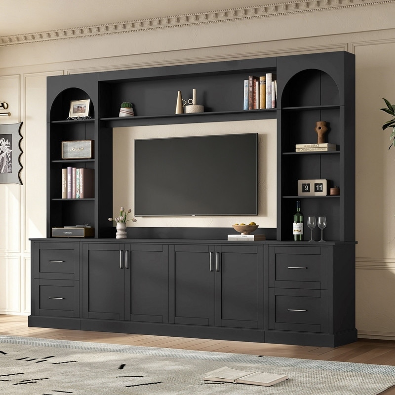 Modern Wall Unit Entertainment Center with 2 Arched Bookcase and 4 Drawers, TV Console TV Stand for TVs Up to 65"