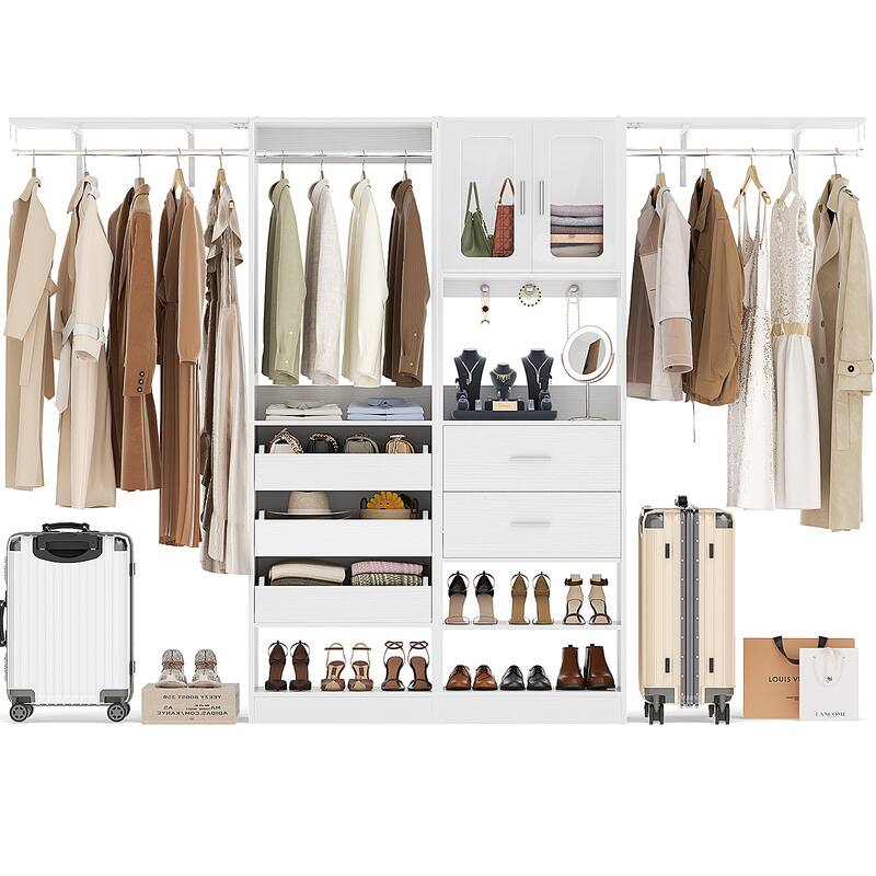 80"-120" Closet System With Door and Wooden Drawers, Closet Organizer System with 3 Haning Rods and Storage Shelves