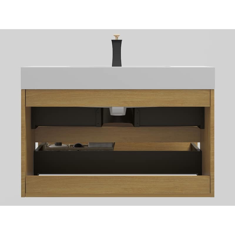 Single Sink Wall-Mounted Bath Vanity in Oak with White Solid Surface Top