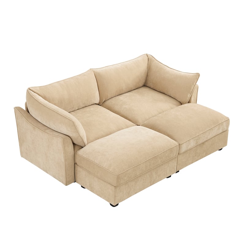 2-Seater Loveseat with 2 Movable Ottoman & Pull out Storage Drawer Under