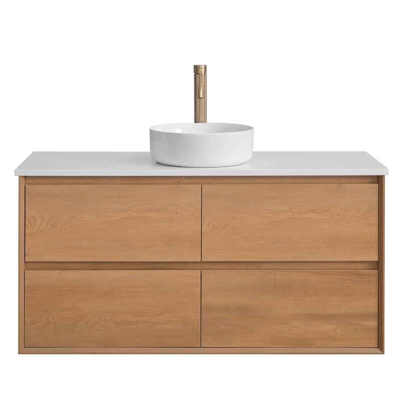 48" Floating Bathroom Vanity Quartz Counter Top with Ceramic Vessel Sink - 48"