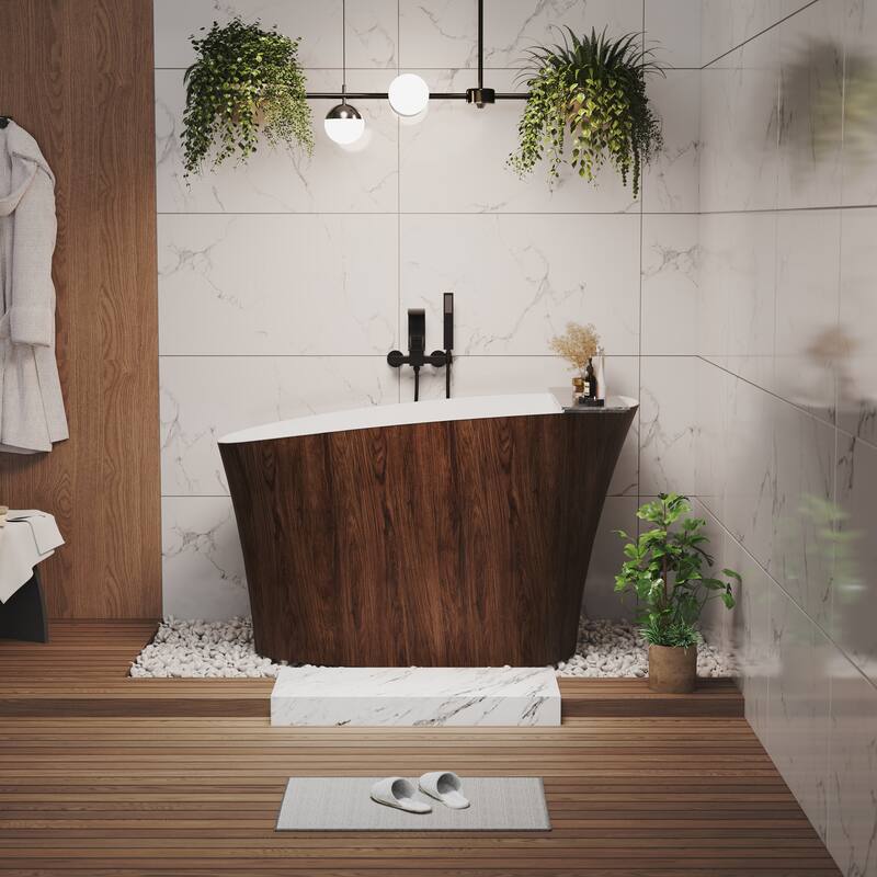 51 in. Solid Surface Freestanding Deep Soaking Bathtub with Built-In Seat, Right Drain, Matte White with Wood Grain Pattern