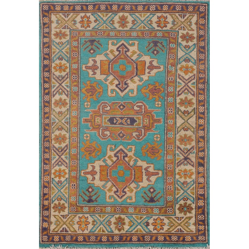Turquoise Blue Kazak Oriental Accent Rug Hand-Knotted Wool Carpet - 2'8"x 3'10"
