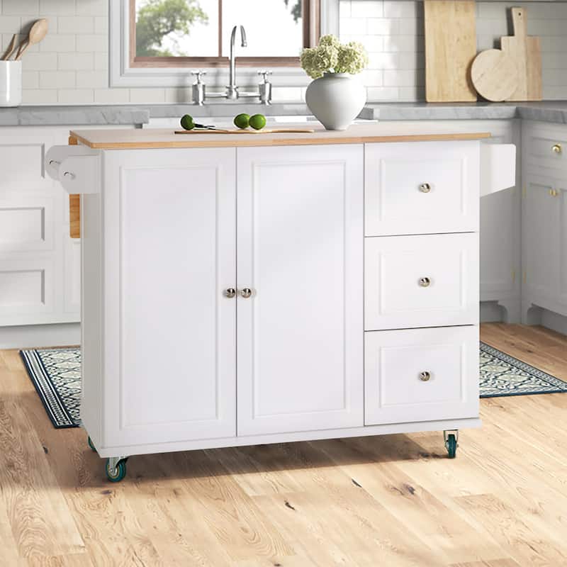 Kitchen Island Cart with Drop-Leaf and Rubber Wood Top, Rolling Kitchen Trolley Cart Cabinet - White