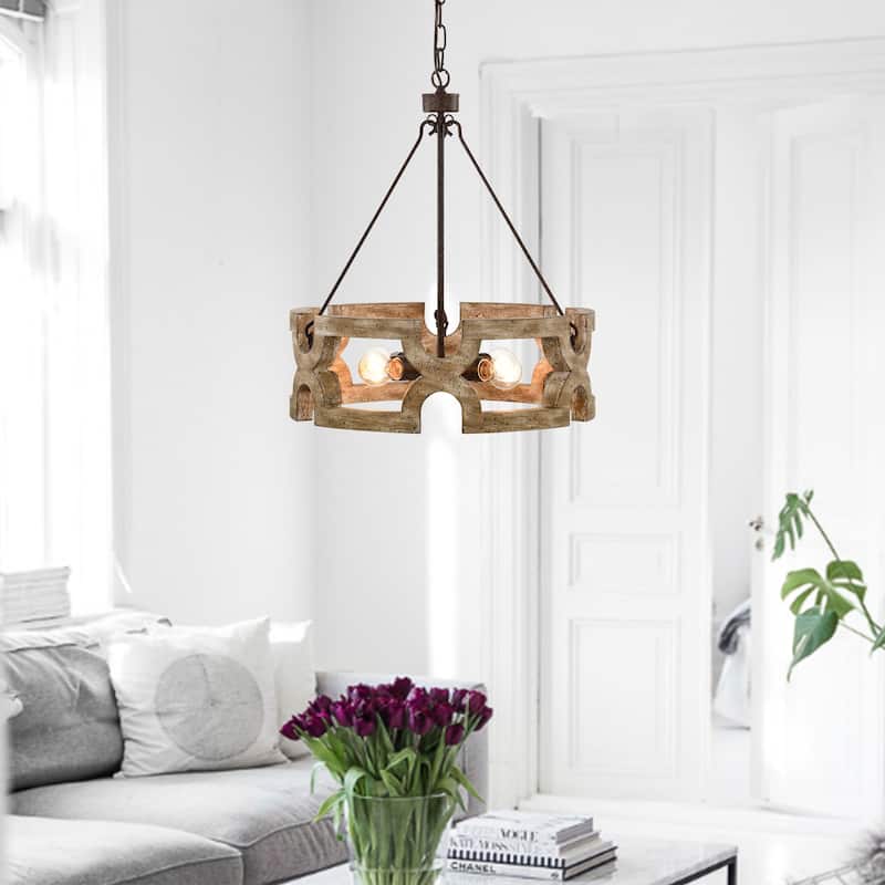 Aarti Rustic Farmhouse 4 Light Wood Grain Paint Chandelier Pendant 19 Inch.