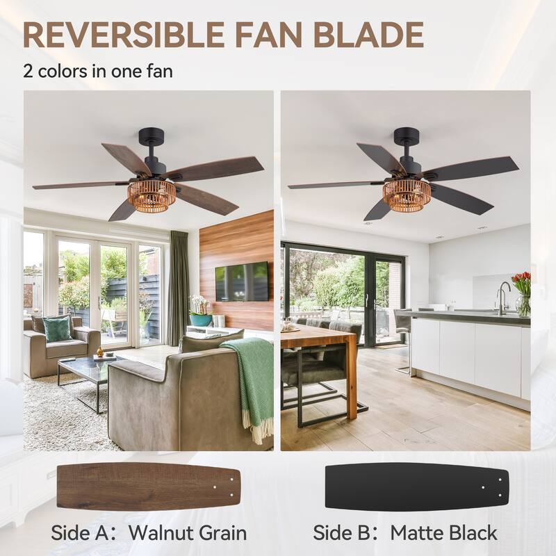 52-inch Farmhouse Ceiling Fan with Light and Remote(5 Reversible Blades）